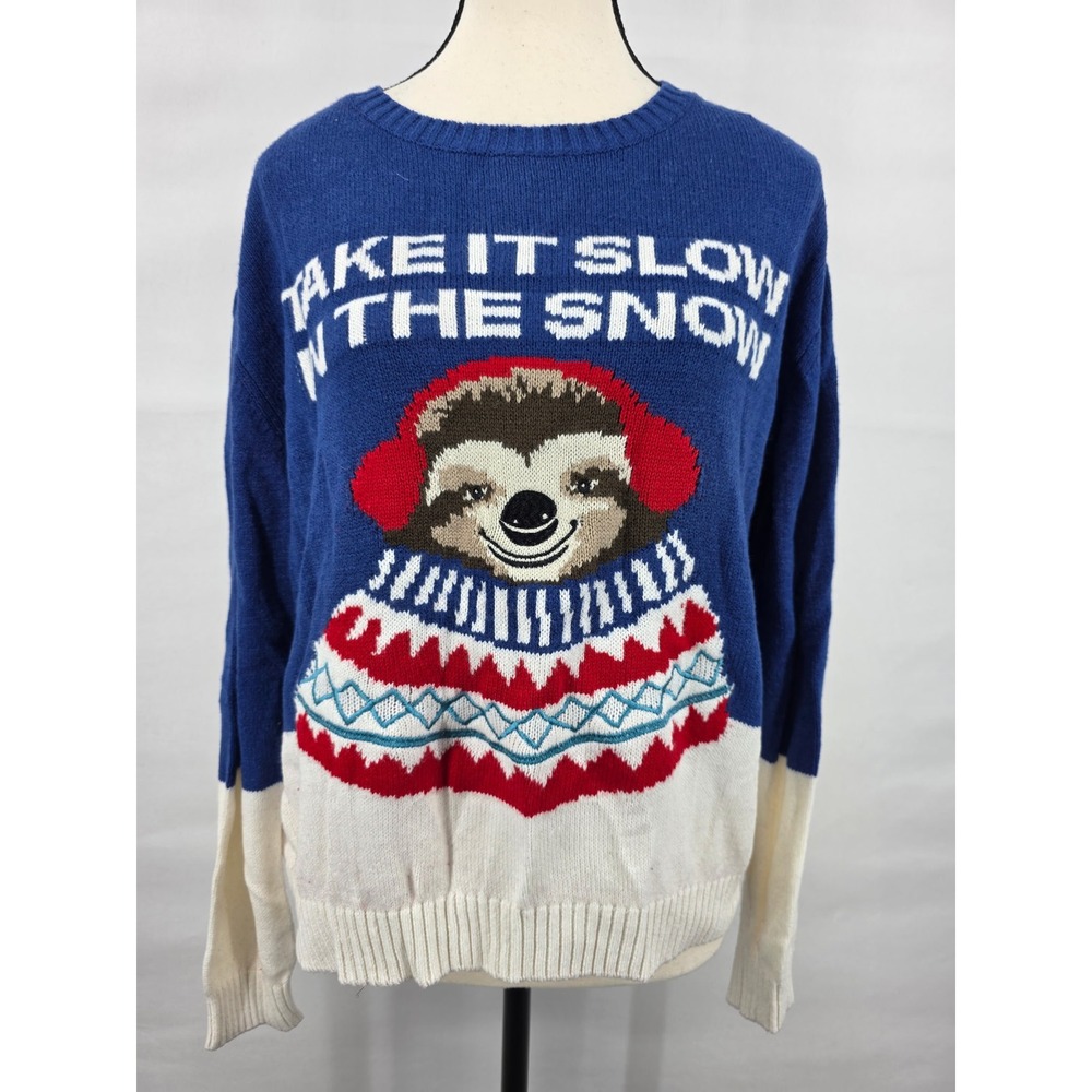 HM Divided Sloth Take It Slow In The Snow Christmas Sweater Blue White Large